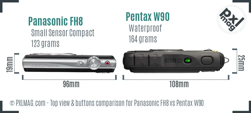 Panasonic FH8 vs Pentax W90 top view buttons comparison