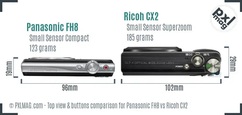 Panasonic FH8 vs Ricoh CX2 top view buttons comparison