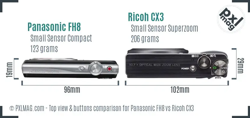 Panasonic FH8 vs Ricoh CX3 top view buttons comparison Panasonic FH8 vs Ricoh CX3 top view buttons comparison