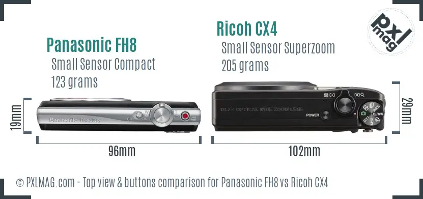 Panasonic FH8 vs Ricoh CX4 top view buttons comparison Panasonic FH8 vs Ricoh CX4 top view buttons comparison