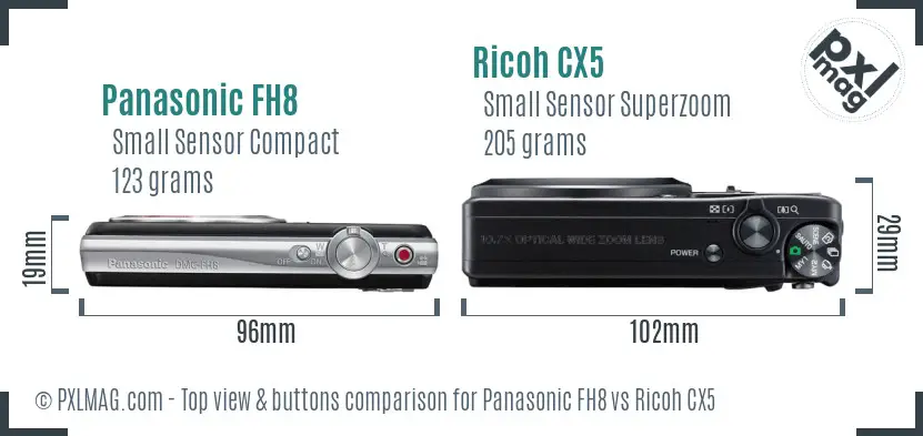 Panasonic FH8 vs Ricoh CX5 top view buttons comparison