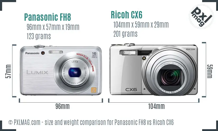 Panasonic FH8 vs Ricoh CX6 size comparison