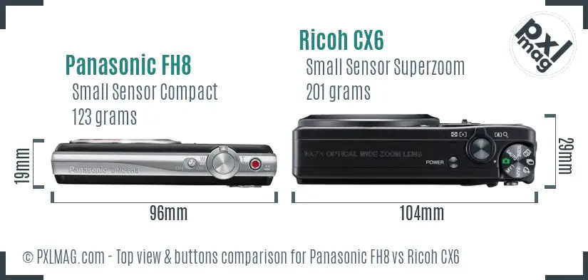Panasonic FH8 vs Ricoh CX6 top view buttons comparison