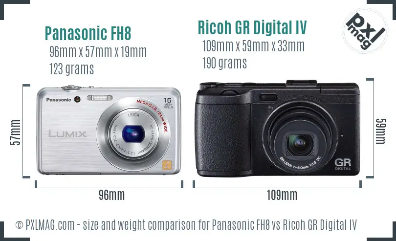Panasonic FH8 vs Ricoh GR Digital IV size comparison