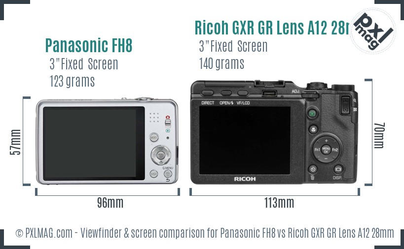 Panasonic FH8 vs Ricoh GXR GR Lens A12 28mm F2.5 Screen and Viewfinder comparison