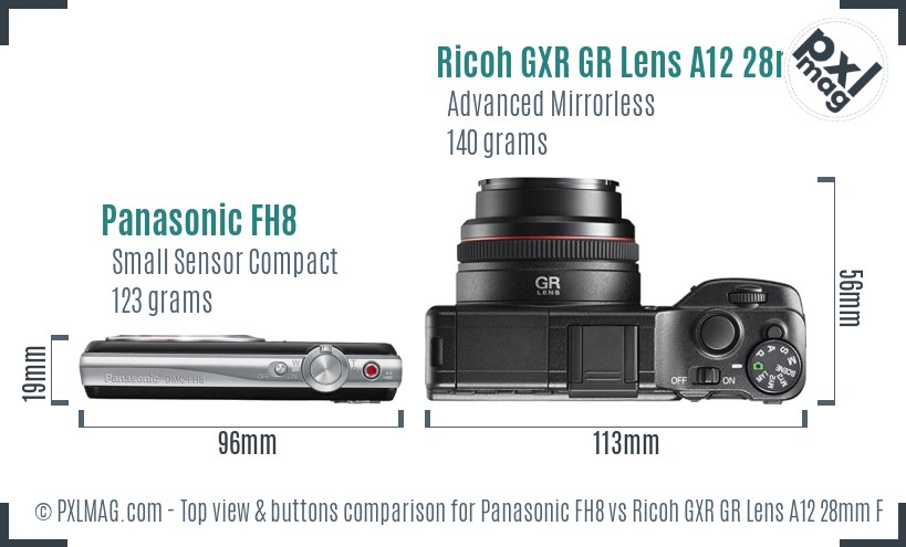 Panasonic FH8 vs Ricoh GXR GR Lens A12 28mm F2.5 top view buttons comparison