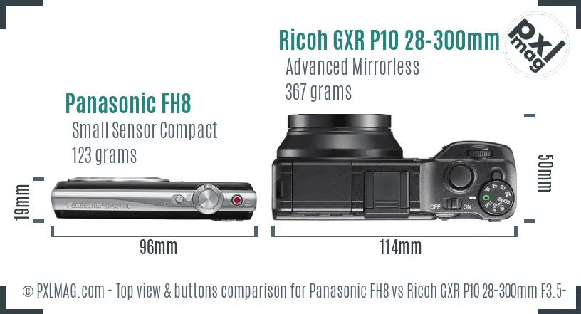 Panasonic FH8 vs Ricoh GXR P10 28-300mm F3.5-5.6 VC top view buttons comparison