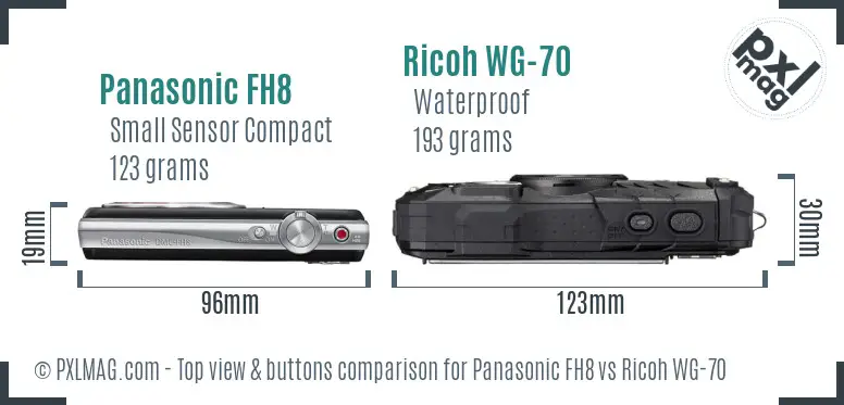 Panasonic FH8 vs Ricoh WG-70 top view buttons comparison Panasonic FH8 vs Ricoh WG-70 top view buttons comparison