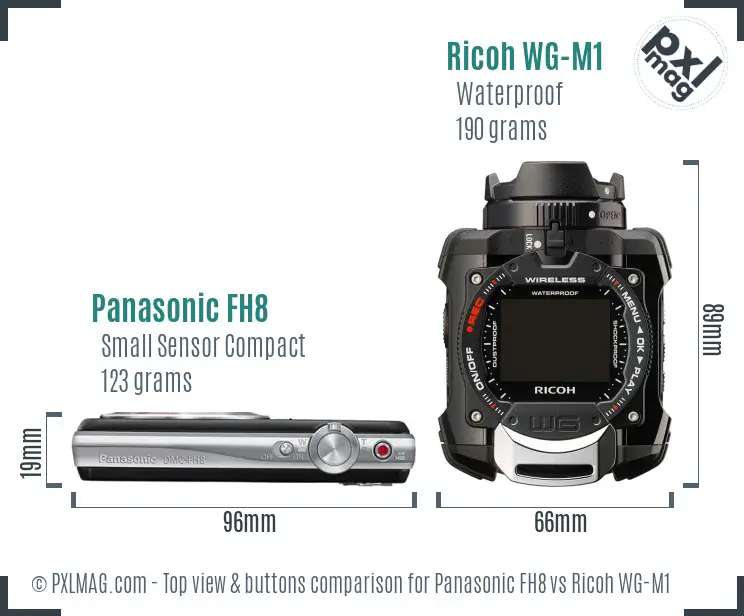 Panasonic FH8 vs Ricoh WG-M1 top view buttons comparison Panasonic FH8 vs Ricoh WG-M1 top view buttons comparison