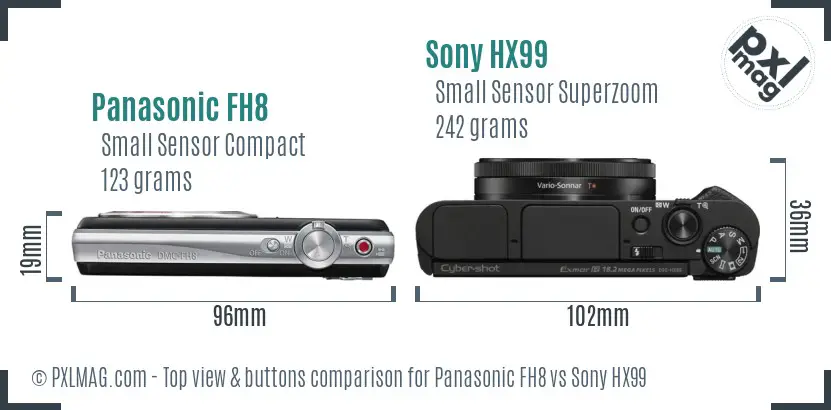 Panasonic FH8 vs Sony HX99 top view buttons comparison Panasonic FH8 vs Sony HX99 top view buttons comparison