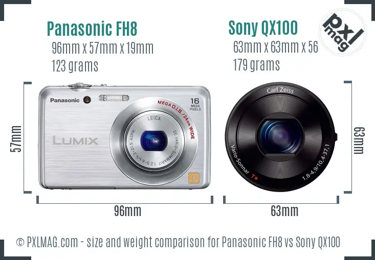 Panasonic FH8 vs Sony QX100 size comparison
