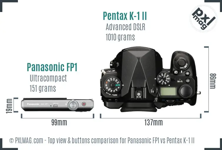 Panasonic FP1 vs Pentax K-1 II top view buttons comparison