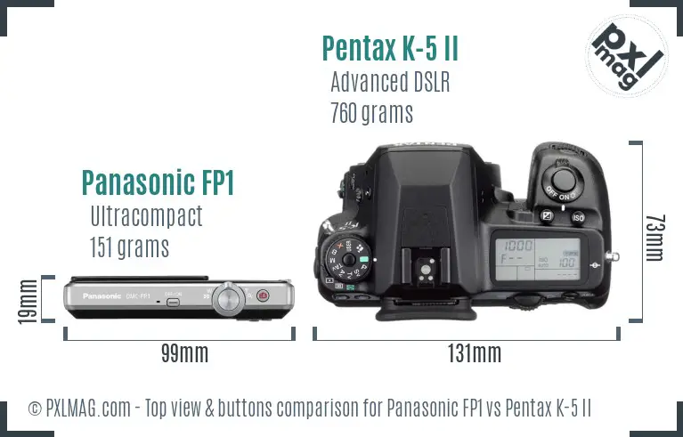 Panasonic FP1 vs Pentax K-5 II top view buttons comparison