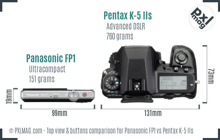 Panasonic FP1 vs Pentax K-5 IIs top view buttons comparison