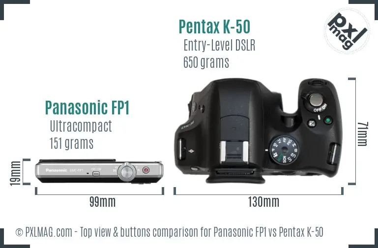 Panasonic FP1 vs Pentax K-50 top view buttons comparison