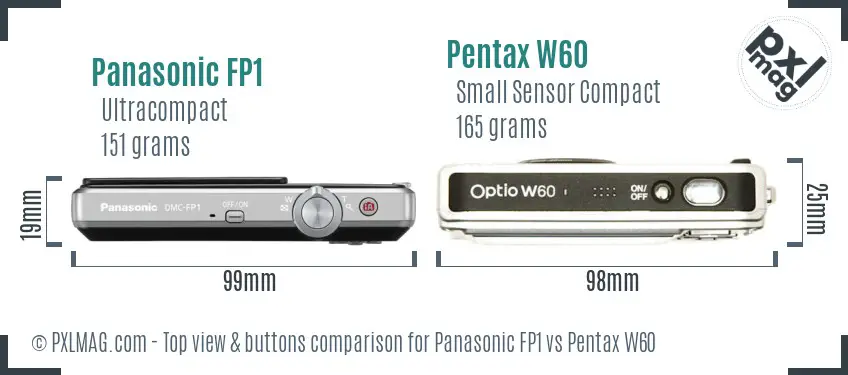Panasonic FP1 vs Pentax W60 top view buttons comparison