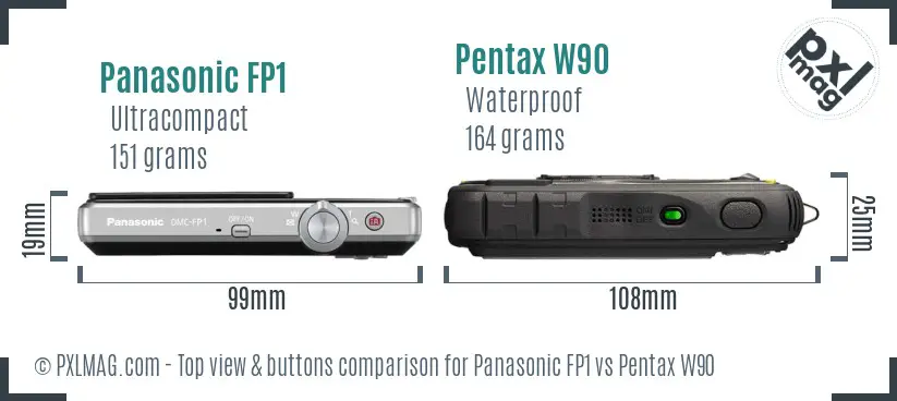 Panasonic FP1 vs Pentax W90 top view buttons comparison