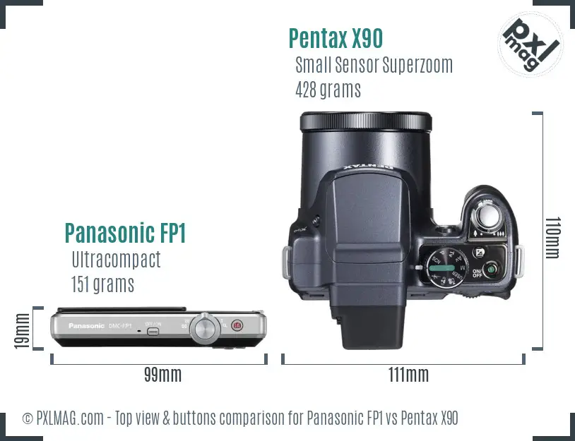 Panasonic FP1 vs Pentax X90 top view buttons comparison