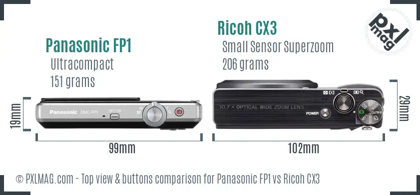 Panasonic FP1 vs Ricoh CX3 top view buttons comparison Panasonic FP1 vs Ricoh CX3 top view buttons comparison