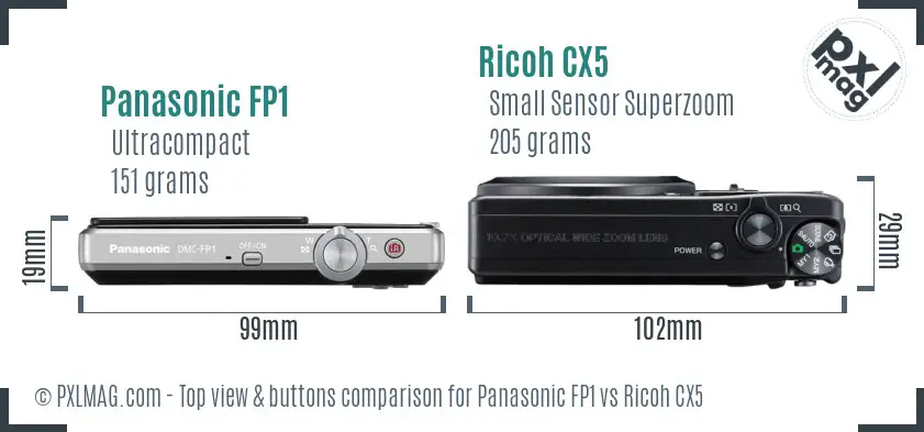 Panasonic FP1 vs Ricoh CX5 top view buttons comparison Panasonic FP1 vs Ricoh CX5 top view buttons comparison