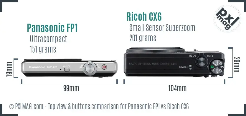Panasonic FP1 vs Ricoh CX6 top view buttons comparison Panasonic FP1 vs Ricoh CX6 top view buttons comparison