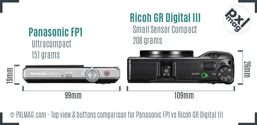 Panasonic FP1 vs Ricoh GR Digital III top view buttons comparison