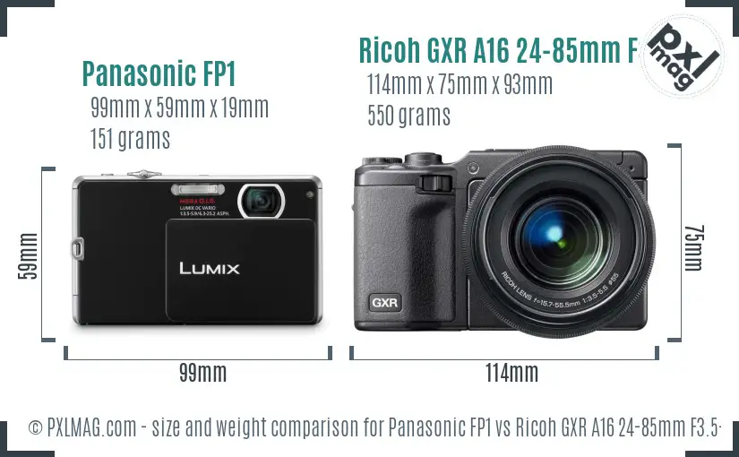 Panasonic FP1 vs Ricoh GXR A16 24-85mm F3.5-5.5 size comparison Panasonic FP1 vs Ricoh GXR A16 24-85mm F3.5-5.5 size comparison