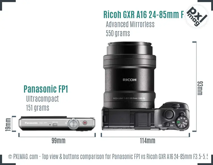 Panasonic FP1 vs Ricoh GXR A16 24-85mm F3.5-5.5 top view buttons comparison