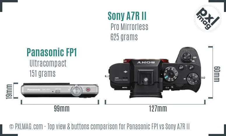 Panasonic FP1 vs Sony A7R II top view buttons comparison Panasonic FP1 vs Sony A7R II top view buttons comparison