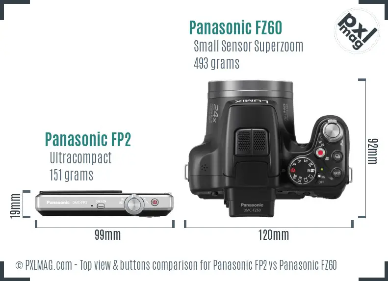 Panasonic FP2 vs Panasonic FZ60 top view buttons comparison Panasonic FP2 vs Panasonic FZ60 top view buttons comparison