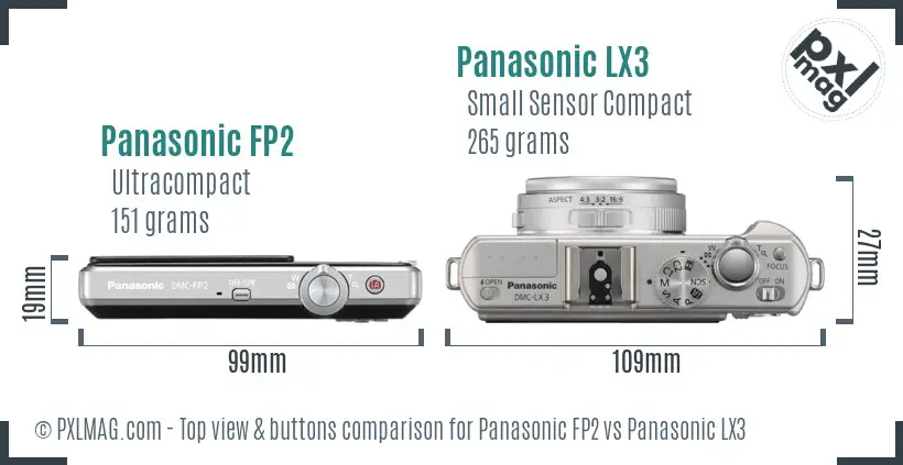 Panasonic FP2 vs Panasonic LX3 top view buttons comparison Panasonic FP2 vs Panasonic LX3 top view buttons comparison