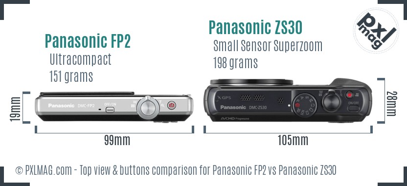 Panasonic FP2 vs Panasonic ZS30 top view buttons comparison