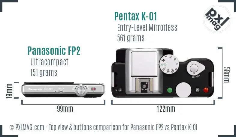 Panasonic FP2 vs Pentax K-01 top view buttons comparison