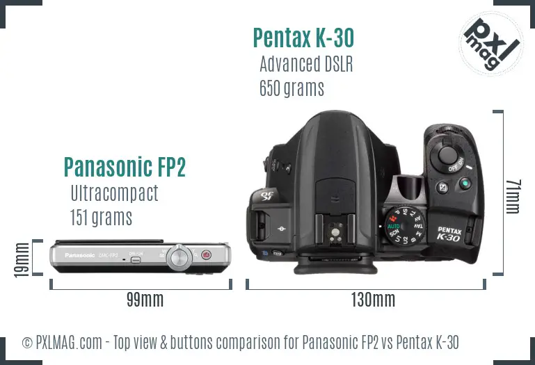 Panasonic FP2 vs Pentax K-30 top view buttons comparison