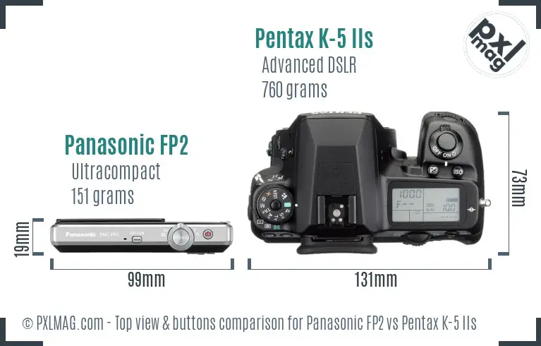 Panasonic FP2 vs Pentax K-5 IIs top view buttons comparison