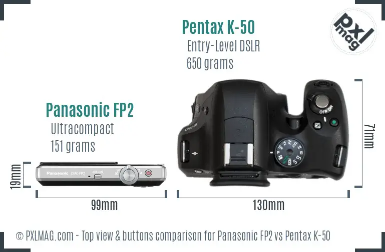 Panasonic FP2 vs Pentax K-50 top view buttons comparison