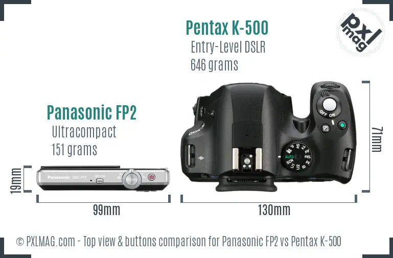 Panasonic FP2 vs Pentax K-500 top view buttons comparison