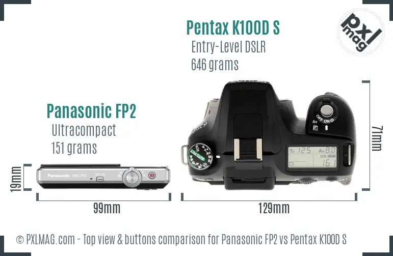 Panasonic FP2 vs Pentax K100D S top view buttons comparison