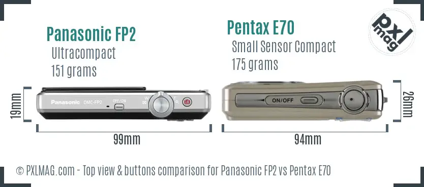 Panasonic FP2 vs Pentax E70 top view buttons comparison