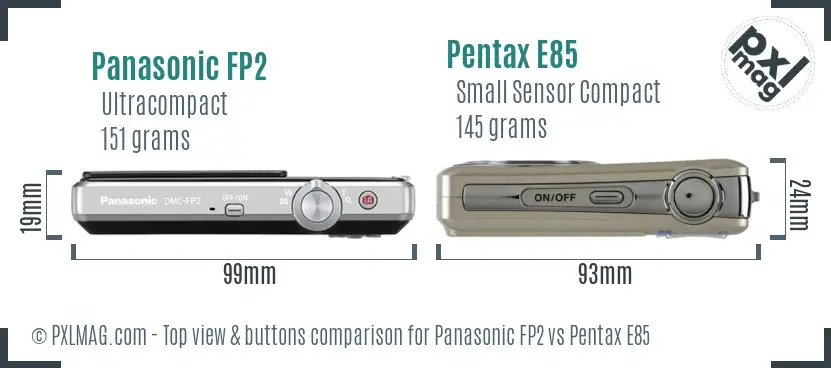 Panasonic FP2 vs Pentax E85 top view buttons comparison Panasonic FP2 vs Pentax E85 top view buttons comparison