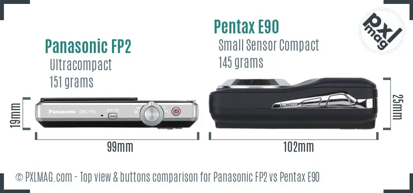 Panasonic FP2 vs Pentax E90 top view buttons comparison