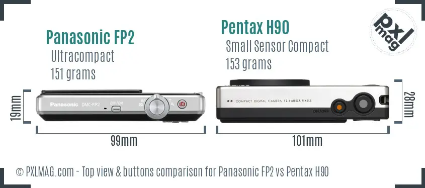 Panasonic FP2 vs Pentax H90 top view buttons comparison