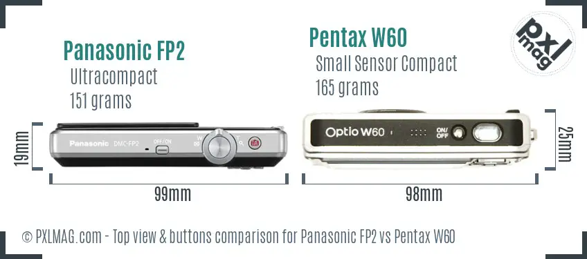 Panasonic FP2 vs Pentax W60 top view buttons comparison