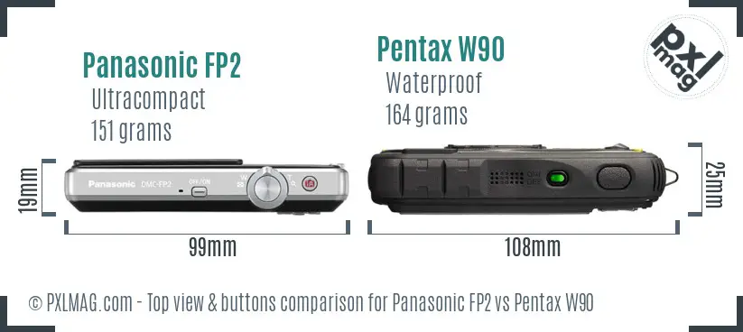 Panasonic FP2 vs Pentax W90 top view buttons comparison