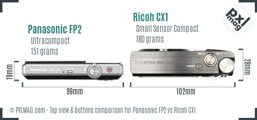 Panasonic FP2 vs Ricoh CX1 top view buttons comparison