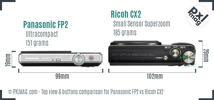 Panasonic FP2 vs Ricoh CX2 top view buttons comparison Panasonic FP2 vs Ricoh CX2 top view buttons comparison
