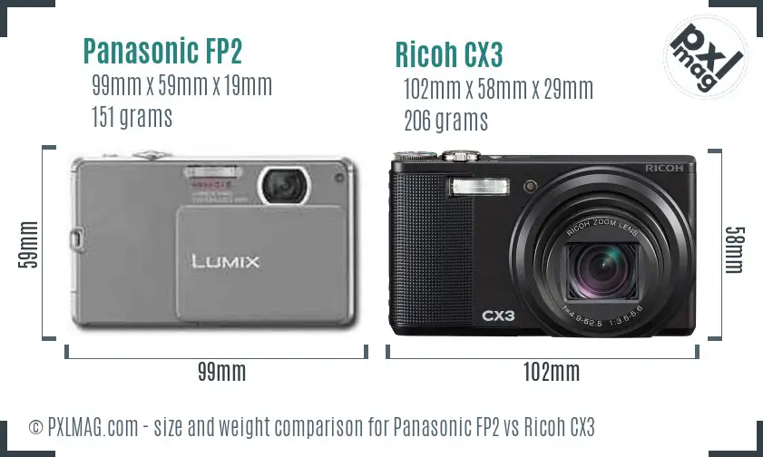 Panasonic FP2 vs Ricoh CX3 size comparison