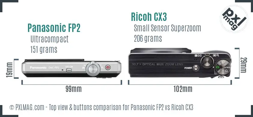 Panasonic FP2 vs Ricoh CX3 top view buttons comparison