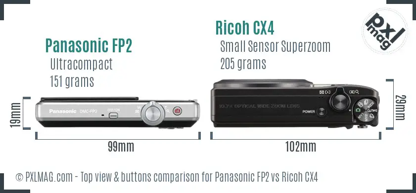 Panasonic FP2 vs Ricoh CX4 top view buttons comparison Panasonic FP2 vs Ricoh CX4 top view buttons comparison