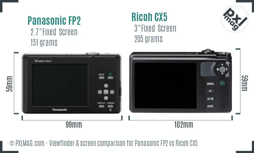 Panasonic FP2 vs Ricoh CX5 Screen and Viewfinder comparison